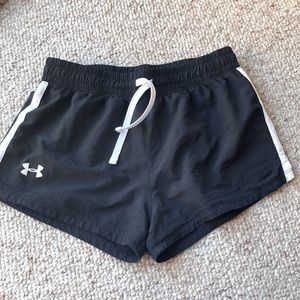 Under Armour running shorts Black w/white stripe Mesh hem for cooling. Sz S. EUC